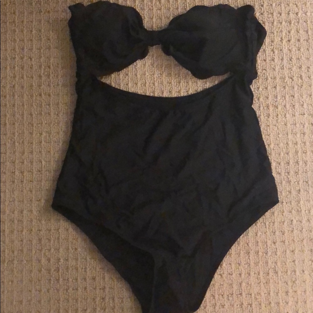 NWT black, scalloped one piece bathing suit